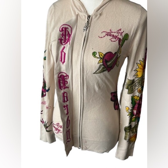 NWT Vintage ED HARDY Hoodie Sweater Cream Birds Enbroidered Designer Cardigan - Picture 10 of 15